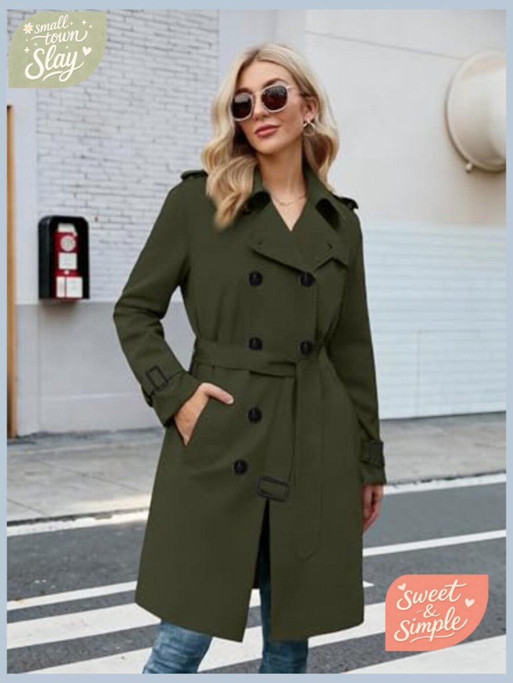 Women's Double Breasted Trench Coat with Belt, Notched Collar, Long Sleeve - Picture 2 of 7